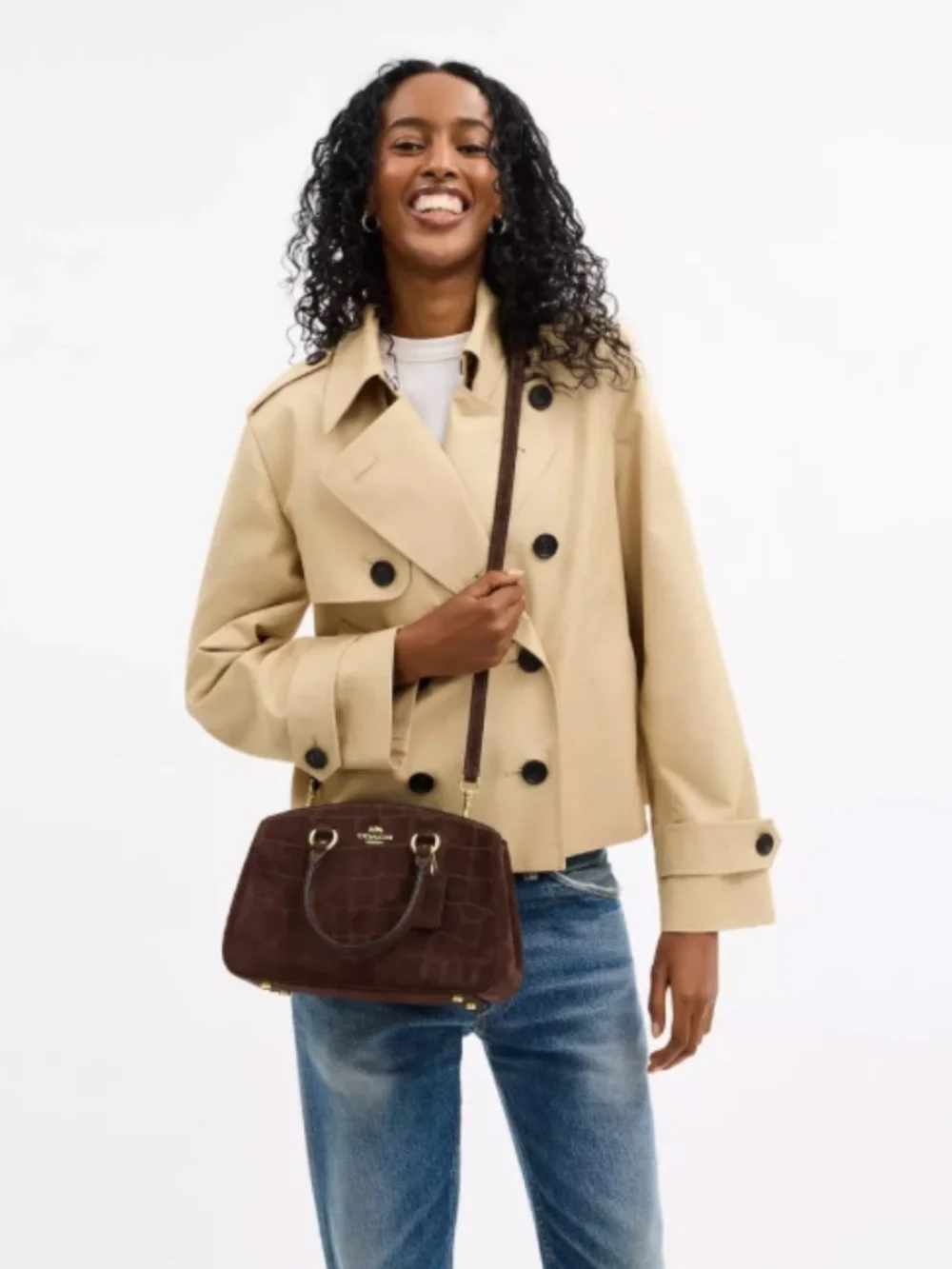 Coach Savannah Small Brown Suede Croc-Embossed Carryall with Gold Hardware